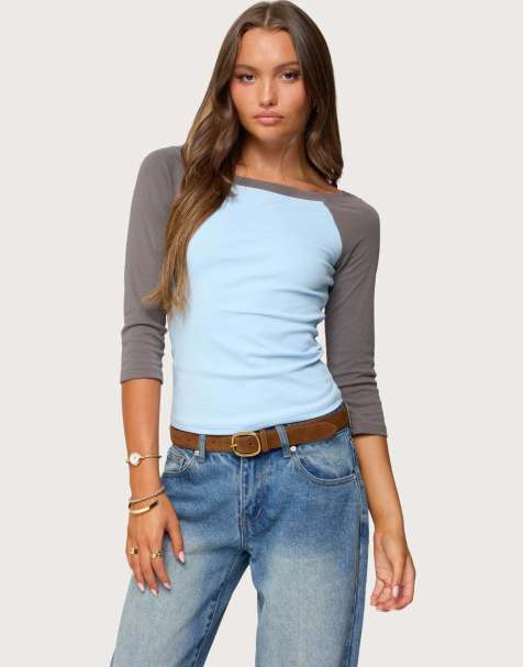 Edikted Keri boat neck contrast raglan top in light blue - view 1