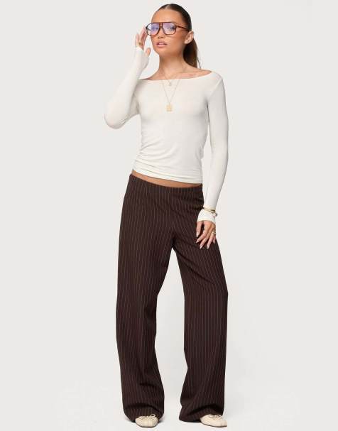 Edikted Kerie pinstripe low rise pants in dark brown - view 1