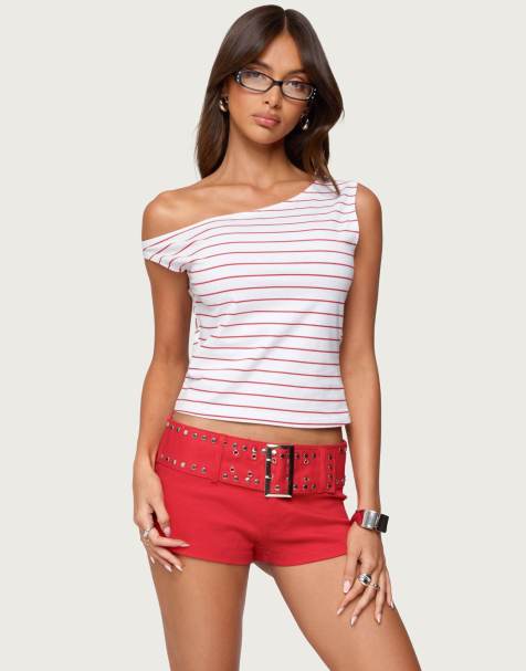 Edikted Keryn striped asymmetric top in red and white