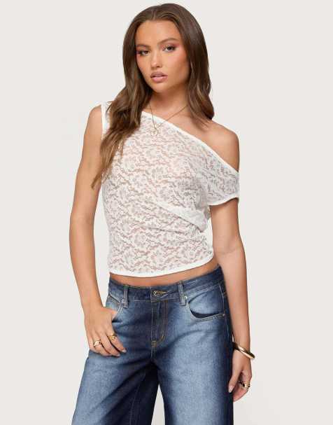 Edikted Kessa sheer lace off shoulder top in white - view 1