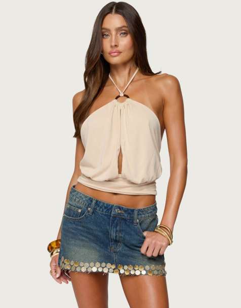 Edikted Khalia backless cut out halter top in beige