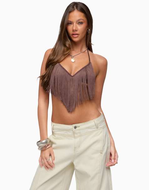 Edikted kienna fringed bra top in brown