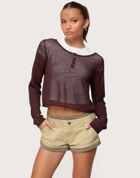 Edikted Kilian sheer knit henley top in brown - view 1