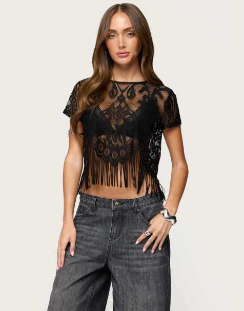 Edikted Kira sheer lace fringe top in black
