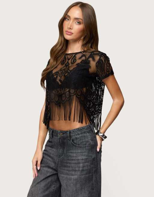 Edikted Kira sheer lace fringe top in black | ASOS
