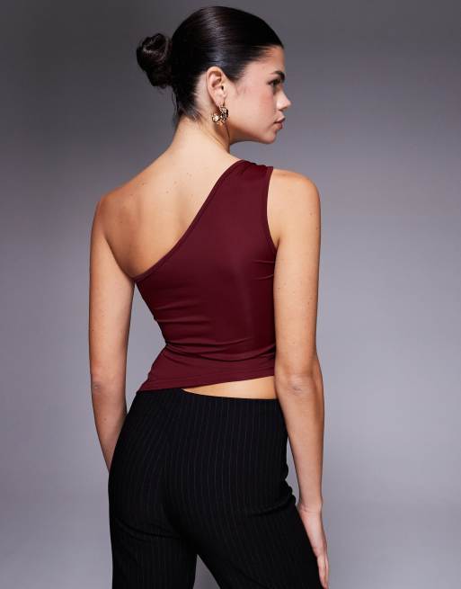 Edikted knotted one shoulder asymetric top in burgundy, 4 of 4