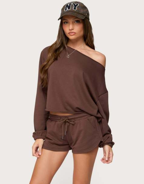 Edikted Kordelia off shoulder sweatshirt in brown - view 1