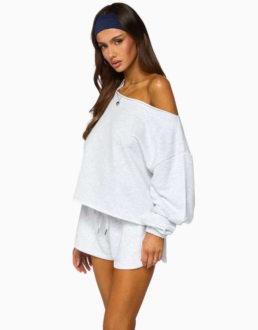 Edikted kordelia off shoulder sweatshirt in light-grey-melange, 3 of 4