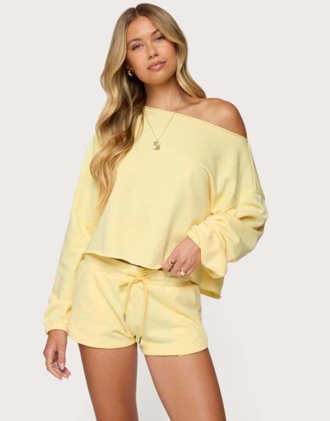 Edikted Kordelia off shoulder sweatshirt in yellow - view 1