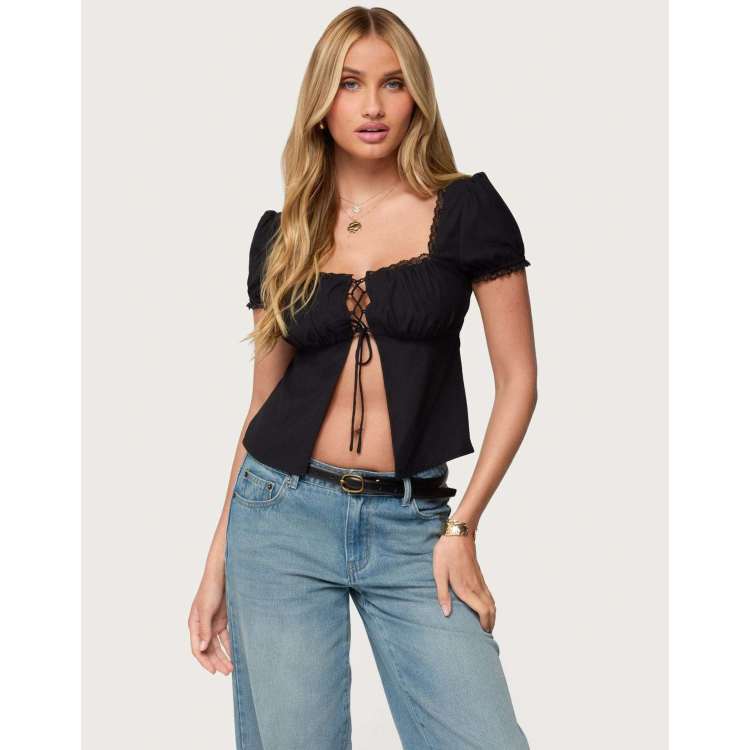 Edikted Lacey split front lace up top in black | ASOS