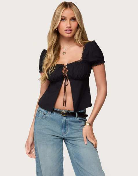 Edikted Lacey split front lace up top in black