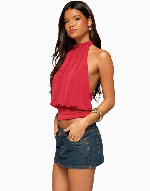 Edikted Laeva backless halter top in red, 3 of 5