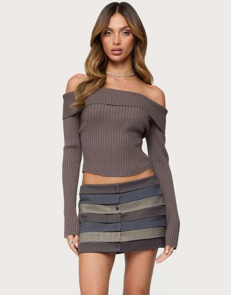 Edikted Lauren knit fold over top in taupe - view 1