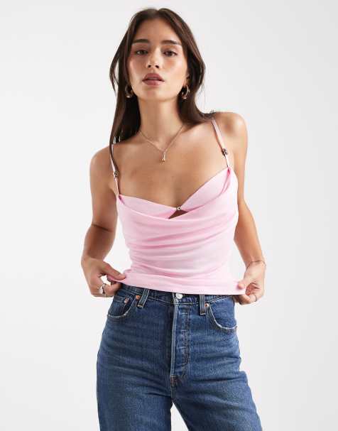 Edikted layered bra cowl neck top in pink