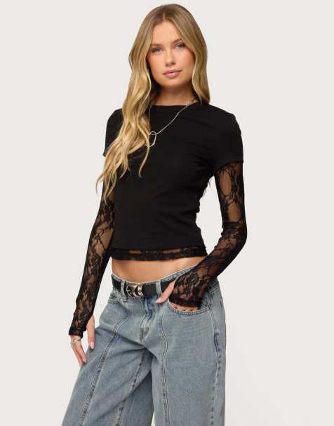 Edikted Layered lace sleeve t shirt in black - view 1