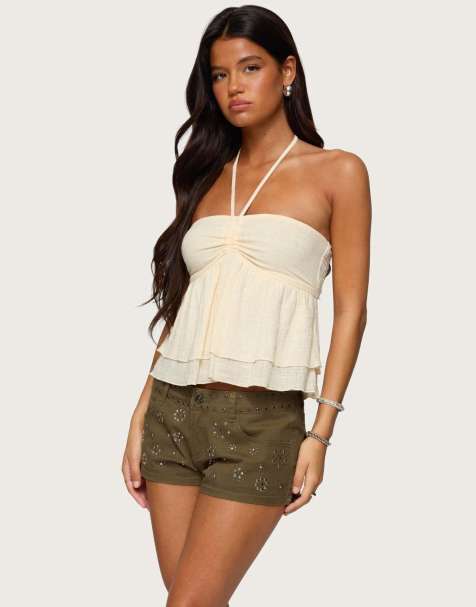 Edikted Layered linen look babydoll halter top in cream - view 1