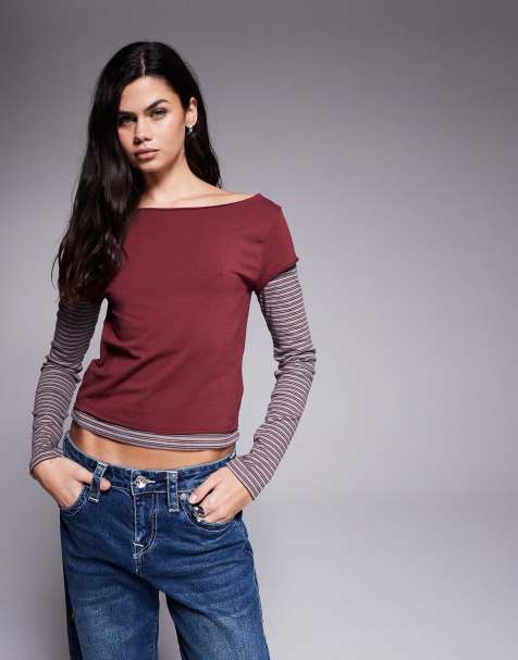 Edikted layered stripey long t-shirt in burgundy - view 1