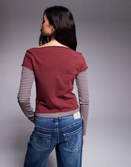 Edikted layered stripey long t-shirt in burgundy, 4 of 4