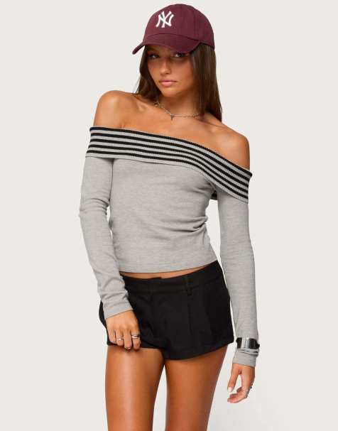 Edikted Leetal stripey foldover knit top in gray melange - view 1