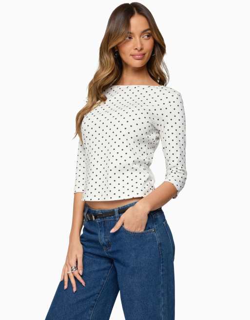 Edikted lela polka dot three-quarter sleeve top in white-and-black, 3 of 5