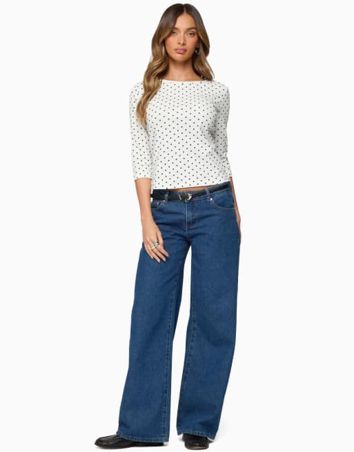 Edikted lela polka dot three-quarter sleeve top in white-and-black, 4 of 5