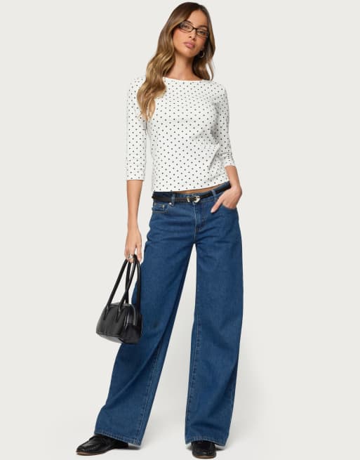 Edikted lela polka dot three-quarter sleeve top in white-and-black, 5 of 5