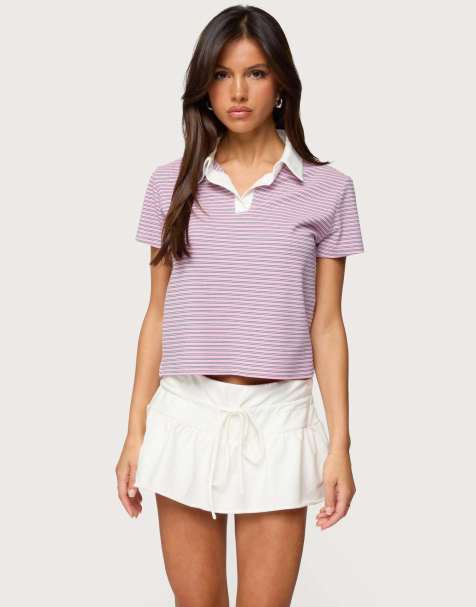 Edikted Lennie striped polo top in pink - view 1
