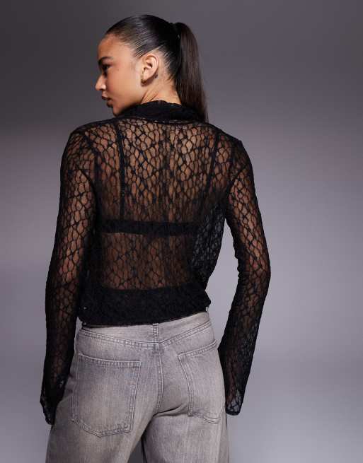 Edikted Lera lacey mesh long sleeve top in black, 4 of 4