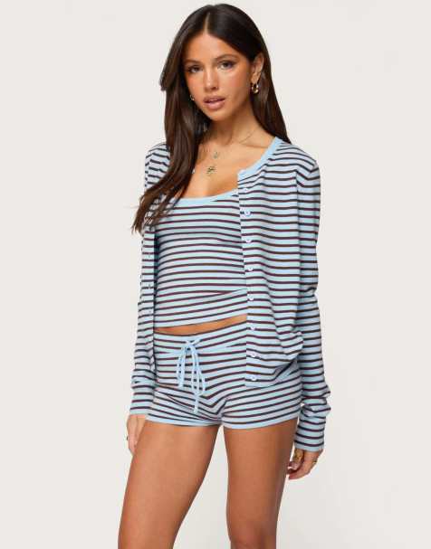 Edikted Lillian striped button up knit cardigan in light blue