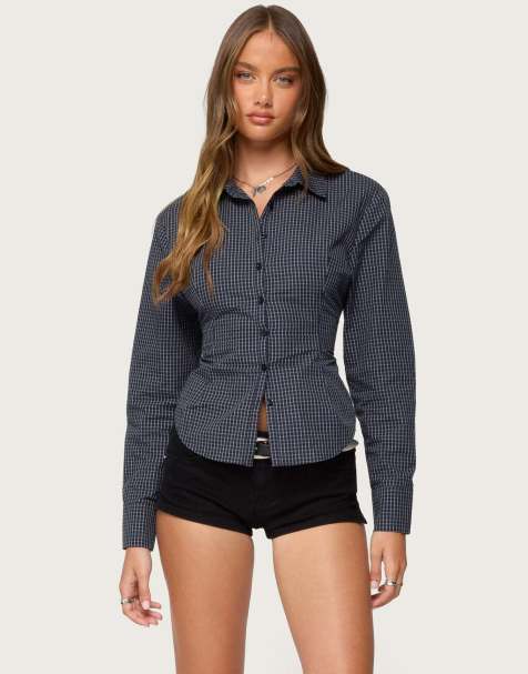 Edikted Lisbet checkered button up shirt in navy - view 1