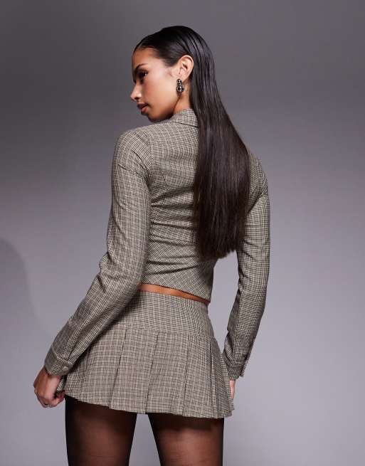 Edikted Lockette co-ord plaid pleated mini skort in brown check, 4 of 5