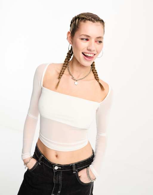 ASOS DESIGN shirred mesh long sleeve crop top in white