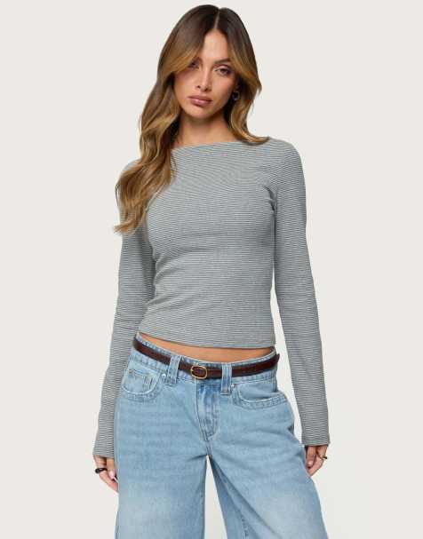 Edikted Loria striped boat neck top in gray melange - view 1