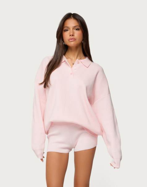 Edikted Lorie oversized knit polo sweater in light pink - view 1