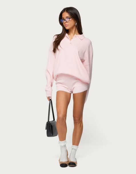 Edikted Lorie ribbed knit shorts in light pink - view 1