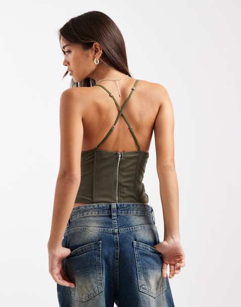Edikted Lou crossover beaded corset in olive - view 1