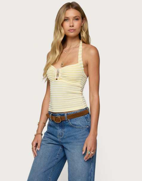 Edikted Lovina textured striped halter top in yellow
