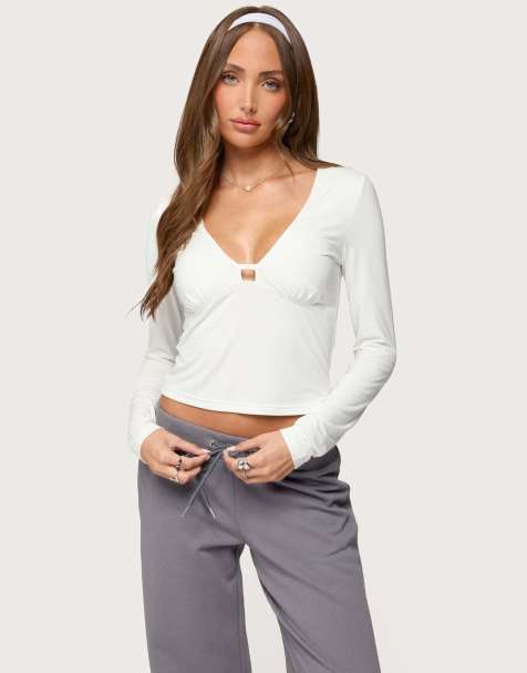 Edikted Lovisa v neck long sleeve top in white - view 1
