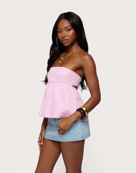 Edikted Maddie strapless striped babydoll top in light pink
