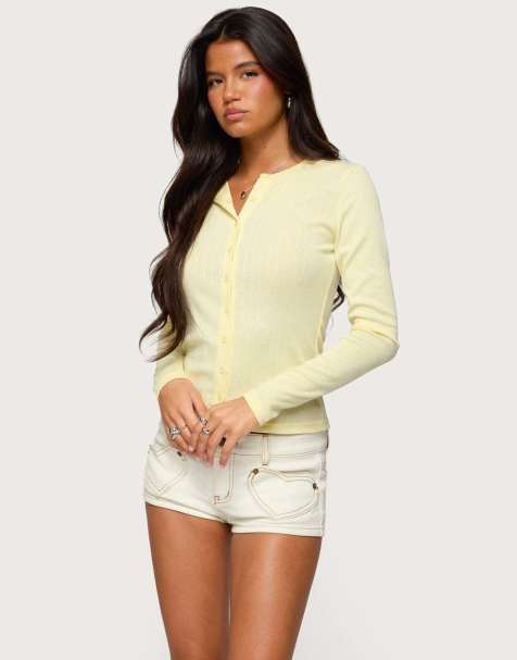 Edikted Maeva button up pointelle top in yellow - view 1