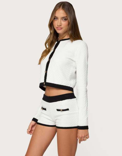 Edikted Mara contrast textured knit cardigan in white