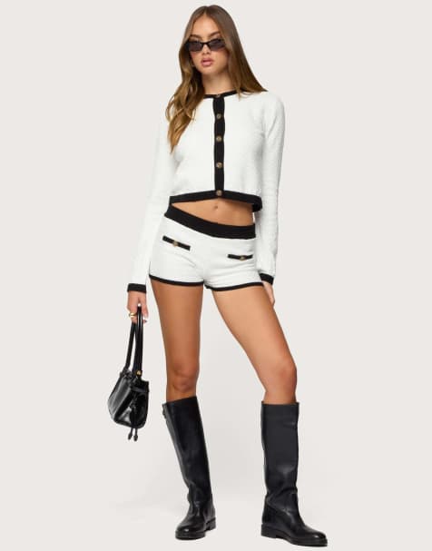 Edikted Mara contrast textured knit shorts in white