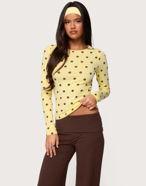 Edikted Maricelle polka dot long sleeve t shirt in yellow