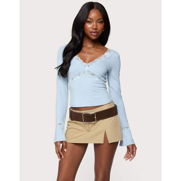 Edikted Mathilda lacey bell sleeve top in light blue | ASOS