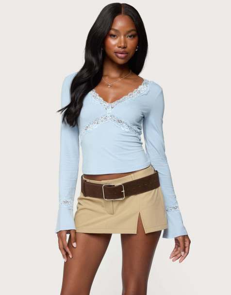 Edikted Mathilda lacey bell sleeve top in light blue