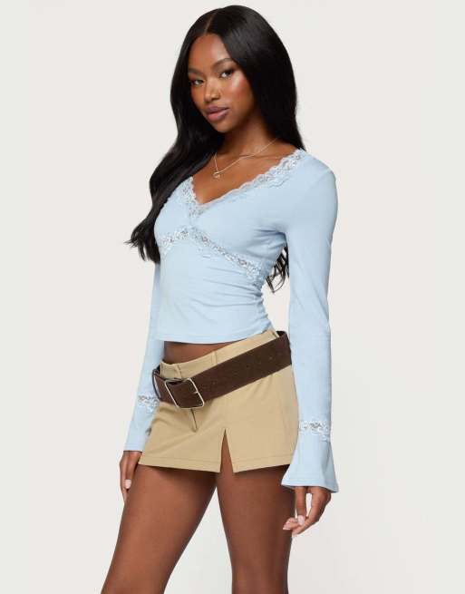 Edikted Mathilda lacey bell sleeve top in light blue | ASOS