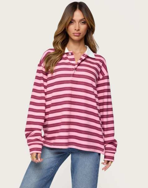 Edikted Maureen striped polo sweatshirt in pink