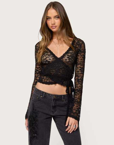 Edikted Medora sheer lace wrap top in black - view 1