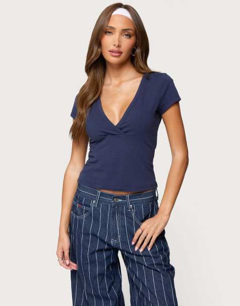 Edikted Merinda v neck t shirt in navy - view 1
