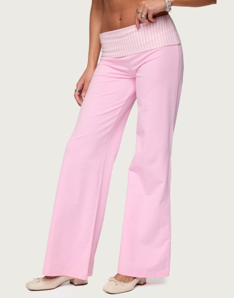 Edikted Meshey striped fold over pants in pink